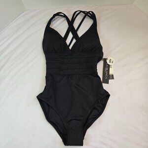LA BLANCA Women One Piece Swimsuit Multi Strap Back Tummy Control  Sz: 4 Black